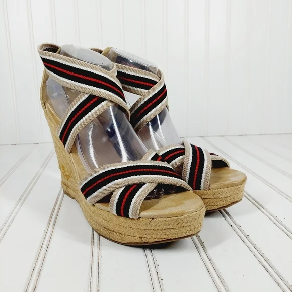 MIA Rope Heels Tan Black White Red Striped Ankle Strap Wedge Sandals C4 - Picture 4 of 11